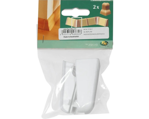 Hörnkopplingssats för golvlister med två vita hörnkopplingar i förpackning