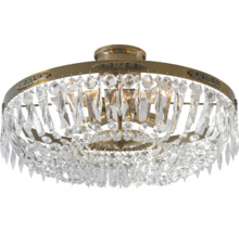 Taklampa med klara kristallhängen och metallram