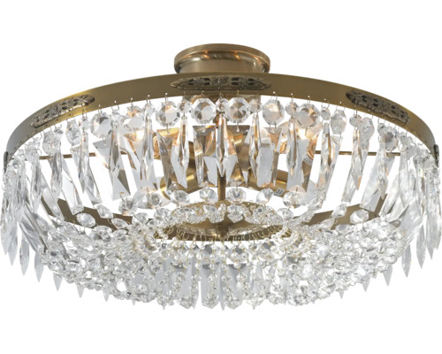 Taklampa med klara kristallhängen och metallram