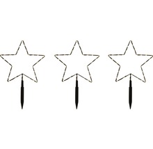 Tre upplysta trädgårdsdekorationer i form av stjärnor