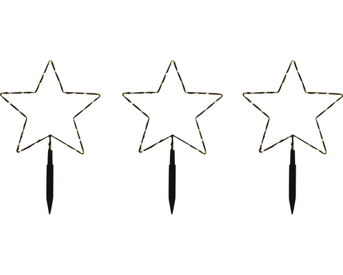 Tre upplysta trädgårdsdekorationer i form av stjärnor