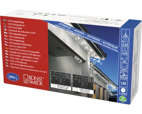 Förpackning med LED istappslinga för utomhusbruk med 200 lampor, 21,25 meter lång från Konstsmide