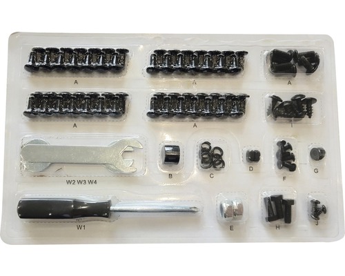 Sortiment av skruvar, muttrar och verktyg i plastförpackning