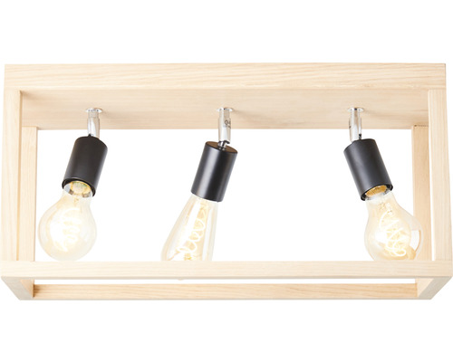 Taklampa med tre glödlampor i träram