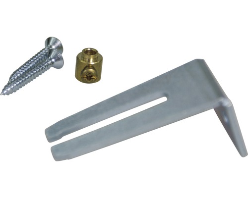 Fästmaterial för sanitetsinstallationer, bestående av skruvar, plugg och vinkel