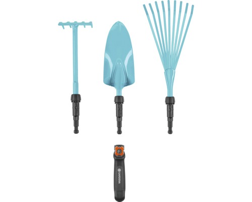 Trädgårdsredskapsset med kratta, spade, lövräfsa och handtag
