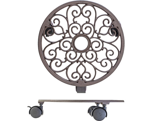 Rullande underlägg för blomkrukor av metall med utsmyckad yta