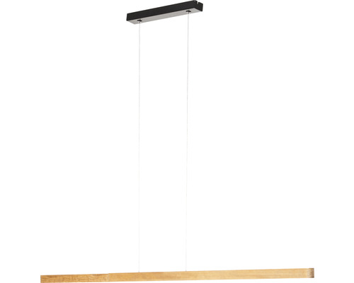 Pendellampa med rak träkropp och svart upphängning