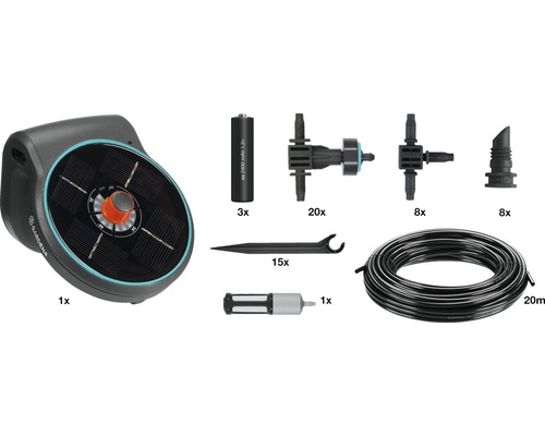 Gardena semesterbevattningsset med bevattningsdator, batterier, fördelningsstycken, slutdroppare, rör och tillbehör