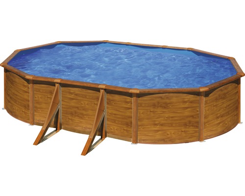 Pool 610x375x132cm inkl. sandfilterpump, skimmer, stege, filtersand & anslutningsslang träutseende
