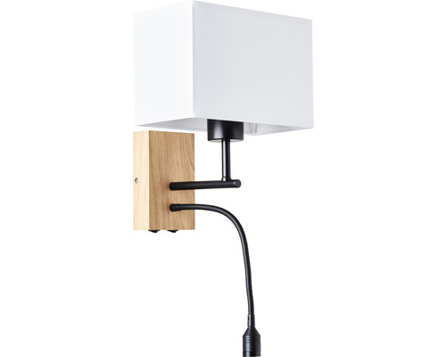 Vägglampa med skärm, träsockel och flexibel läsarm