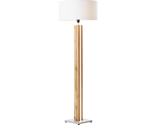 Golvlampa med träfot och vit lampskärm