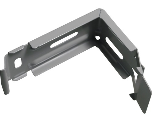 Vinkelbeslag av metall med fästhål för hyllor och konstruktioner