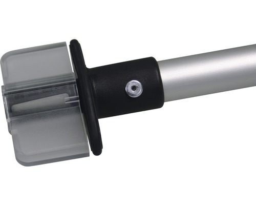 Detaljvy av ett teleskopskaft med transparent behållare och svart fäste