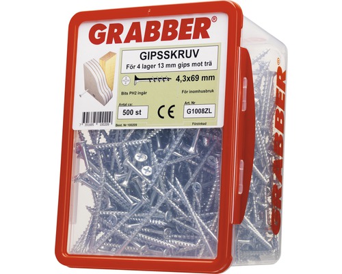 Förpackning gipsskruv med dimensionen 4,3 x 69 millimeter