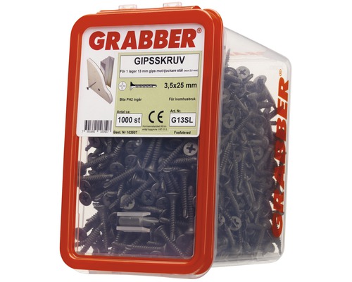 Grabber gipsskruv 3,5x25 mm, 1000 stycken i transparent plastlåda