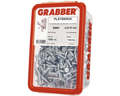 Grabber plåtskruv 4,2x15 mm, 1000 stycken i plastförpackning