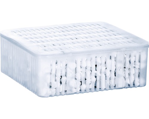 Fuktabsorberare med granulat i en plastbehållare