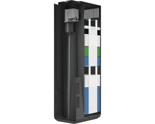 Invändig vy av ett akvarium med filtersystem