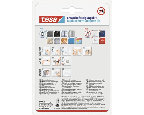 Tesa ersättningsfästsats förpackning med information om användning och lämpliga ytor