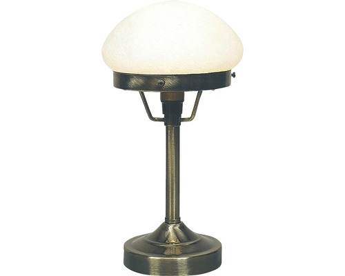 Bordslampa med rund lampskärm på antik metallfot