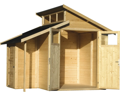 Trädgårdshus i trä med dubbeldörr och takfönster