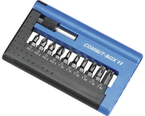 Bitsats med diverse skruvmejselbitar i förvaringslåda