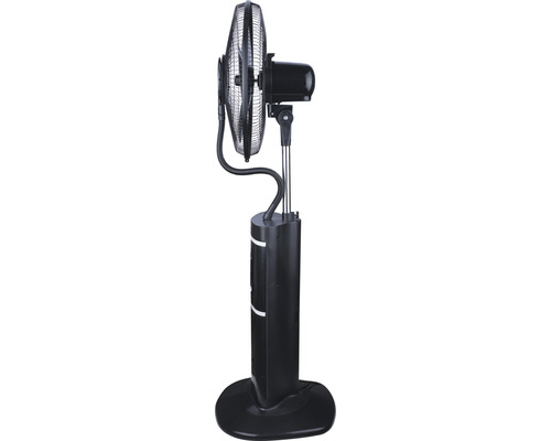 Svart golvfläkt med nebulisator för kylning av omgivningsluften