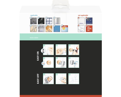 Information om huruvida självhäftande krokar kan användas på olika ytor samt monteringsanvisning