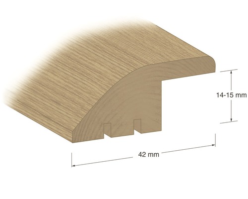 Profil av en övergångsskena med måtten 42 millimeter bred och 14 till 15 millimeter hög.