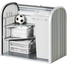 Soptunna med hyllor, lådor och fotboll