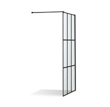 Duschvägg av glas med svart ram och stabiliseringsstång