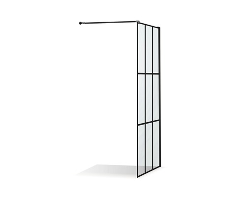 Duschvägg av glas med svart ram och stabiliseringsstång