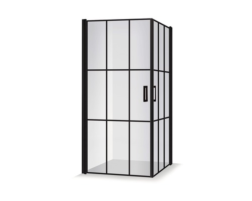 Hörndusch med svart ram och glasdörrar