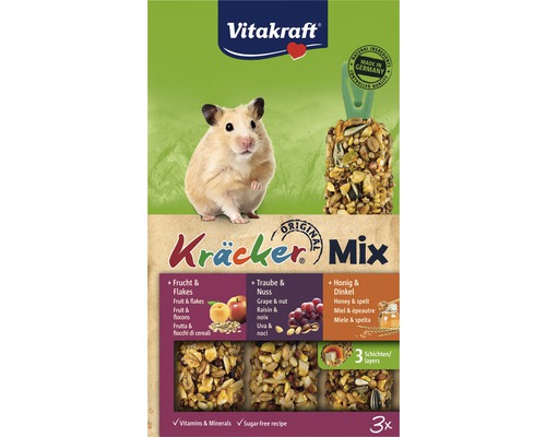 Hamstergodis VITAKRAFT Kräcker® 3st multivitamin honung frukt 168g Vitakraft Logo. Förpackning Kräcker Mix för smådjur med ingredienser och hänvisning till Made in Germany.