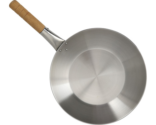 Wokpanna i rostfritt stål med trähandtag