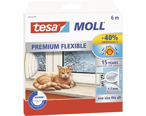 Tätningslist TESA Dörr/fönster silikon vit 6mx9mm Tesa Moll Tätningslist Premium Flexible, 6 meters förpackning