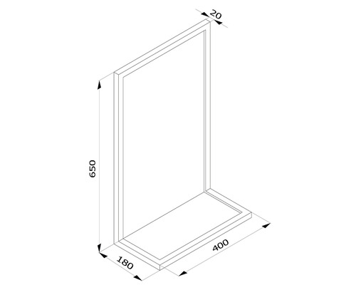 Skiss av en duschkabin med måtten 650 x 400 x 180 millimeter