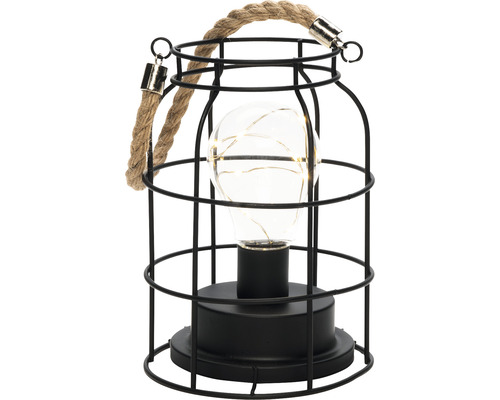 Dekorativ lampa med svart metallram och rep handtag