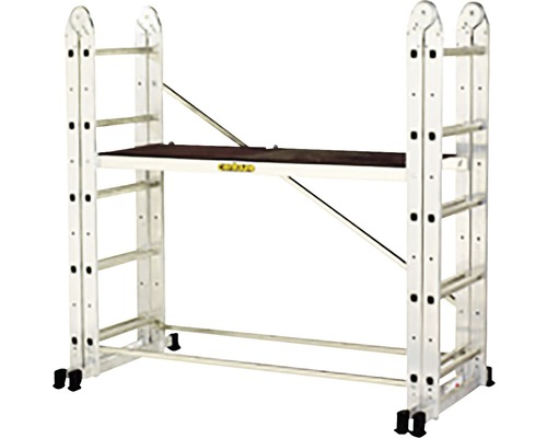 Multifunktionell byggnadsställning med arbetsplattform och stegfunktion.