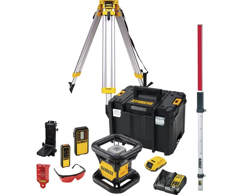 DeWalt rotationslaserset med stativ, mätsticka, mottagare, laddare, batteri, glasögon och väska