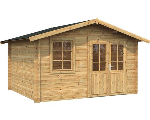 Trädgårdshus av trä med fönster och dubbeldörr