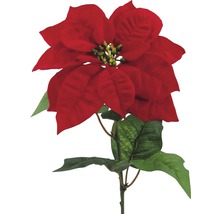 Dekorativ konstgjord blomma julstjärna med röd blomma och gröna blad.