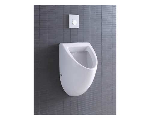 Vit urinal med spolknapp på väggen