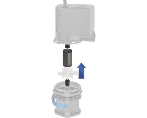 Sprängskiss av en akvariefilterpump med pilar som visar monteringen