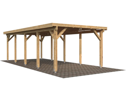 Trä carport med flera stolpar på stenbeläggning