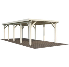 Träcarport med flera stöd och platt tak