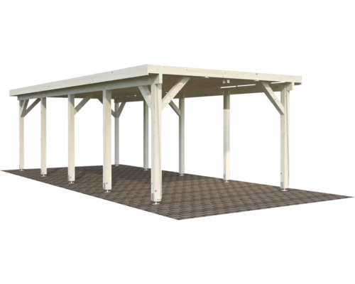 Träcarport med flera stöd och platt tak