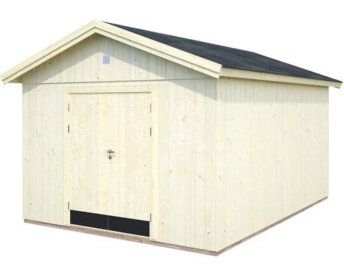 Trädgårdshus i trä med sadeltak och dörr