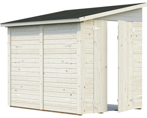 Trädgårdshus i trä med öppen dubbeldörr och tak